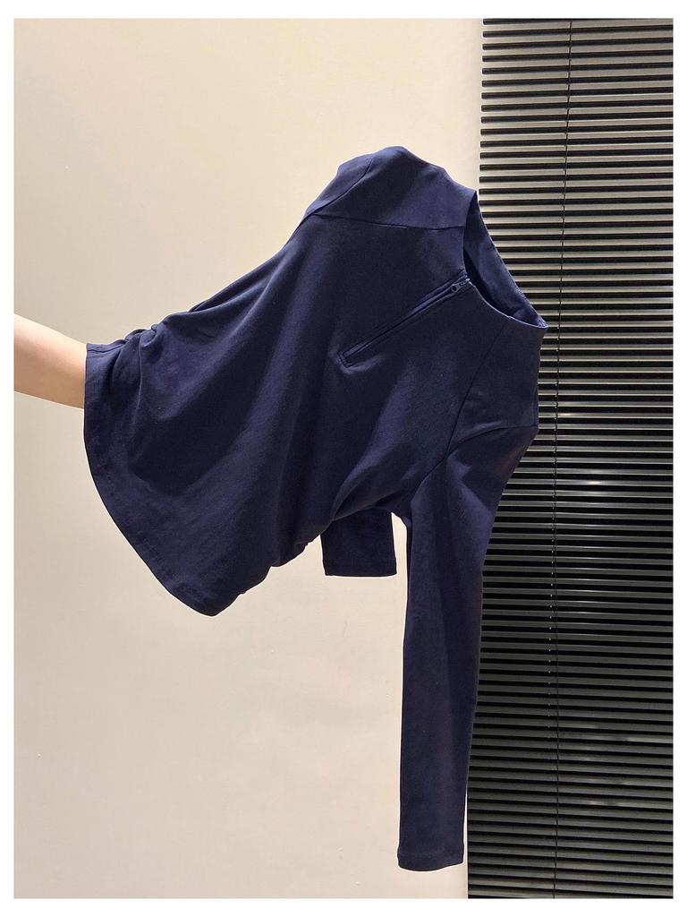 Women's Spring Fashion Long-Sleeve Top: Half-Open Collar, Zipper Style, Waist-Cinching Pleats, Regular Shoulder, Age-Reducing, Stylish Inner Wear