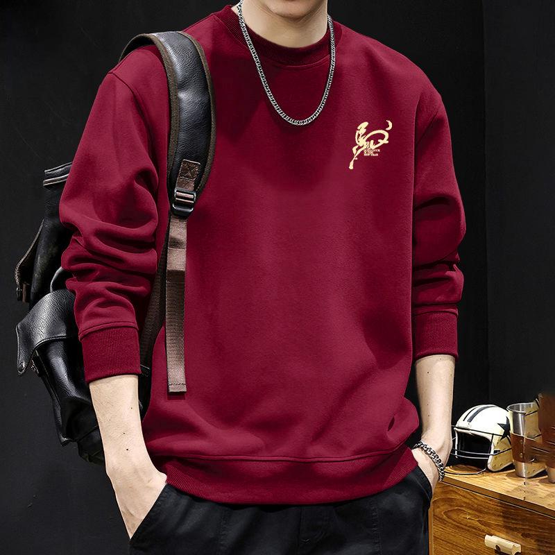 Guochao Men's Oversize Black Hoodie with Round Neck - Warm, Thick, Plus Size for Spring and Autumn.