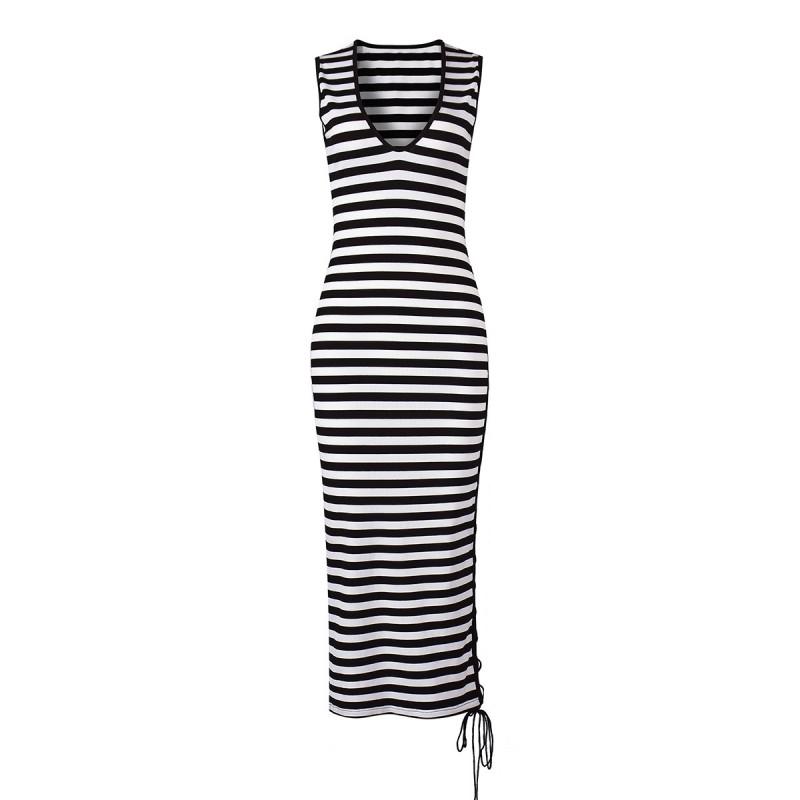 Sexy Striped Sleeveless Mesh Dress Slim Fit Deep V Neck Party Daily Wear