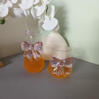 Copo de Vidro de Princesa com Laço Rosa Grande - Resistente a Altas Temperaturas, Ideal para Água, Suco ou Leite no Estilo Ins.