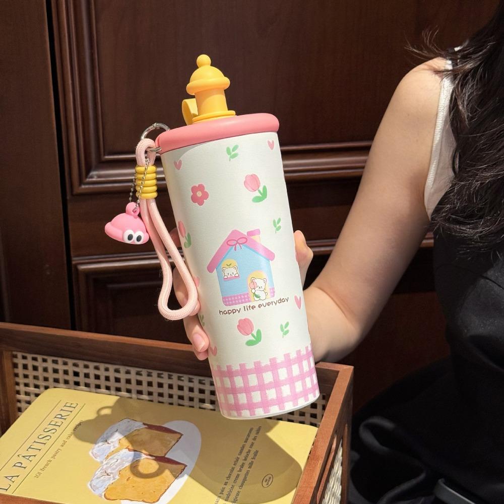 

New Bear Vacuum Mug Bowknot Stainless Steel Water Bottle with Filter with Lanyard Insulated Sippy Cup 700ml рожевий