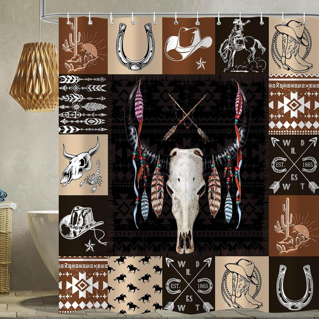 Western Shower Curtain Farmhouse Country Style With Cow Skull Southwest Design, Waterproof Polyester Bath Curtain With 12 Hooks
