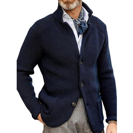 Stand Collar Long Sleeve Pockets Thickened Sweater Coat Men Autumn Winter Solid Color Buttons Placket Knitted Outerwear