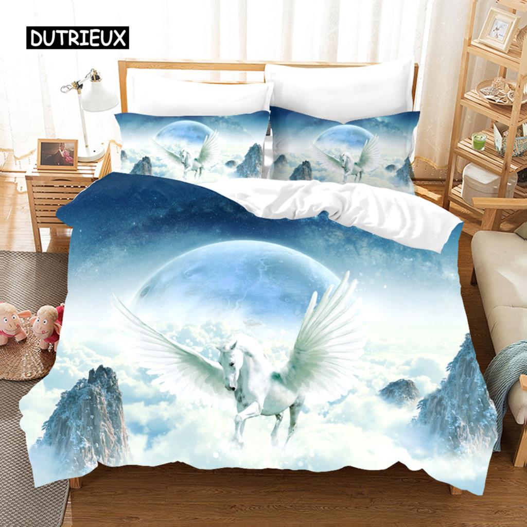 Pink Unicorn Duvet Cover for Kids Bedding Set Cartoon Flying Horse Design Bedroom Decor