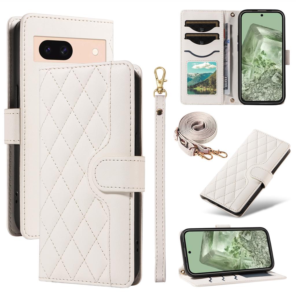 For Google Pixel 8a Case Wallet Rhombus Leather Phone Cover with Shoulder Strap,Wrist Strap