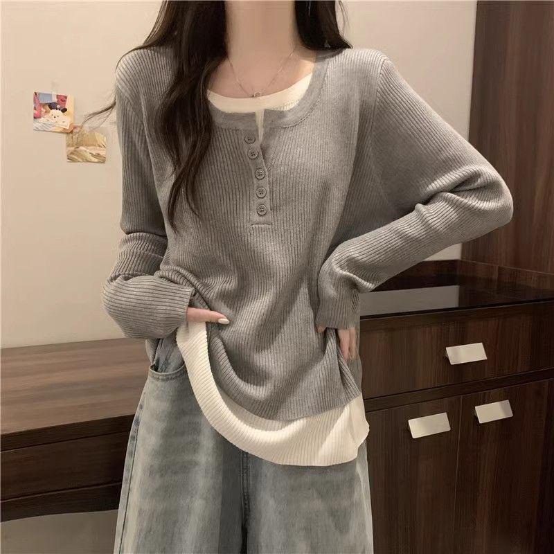 Women s Gray Faux Two-Piece Long-Sleeve Thermal Knit Top - Stylish & Cozy Autumn/Winter Layer L