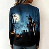 Womens Halloween Long Sleeve Pullover Top V Neck Casual Halloween Haunted House Print Sweatshirt Lightweight Pullover Shirt