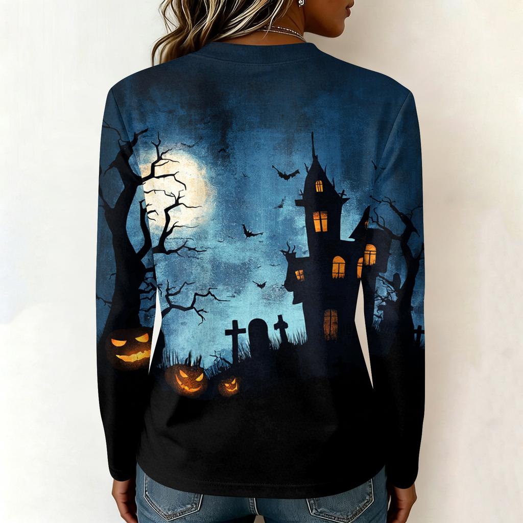 Womens Halloween Long Sleeve Pullover Top V Neck Casual Halloween Haunted House Print Sweatshirt Lightweight Pullover Shirt