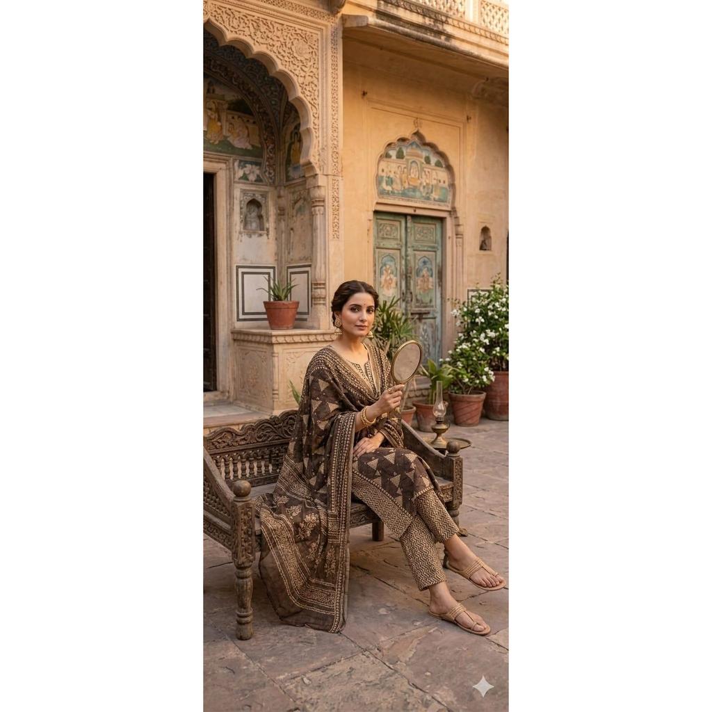 Beautiful Jaipuri Printed Kurti Pant Dupatta Set Women's Casual Wear Salwar Suit