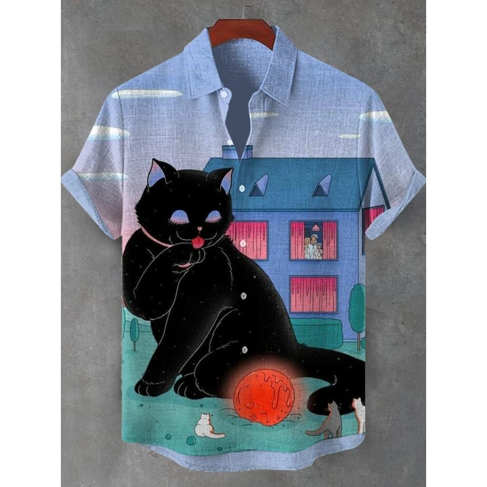 Men's Sunflower Cat All Over Art Print Shirts 3D Anime Hawaiian Shirt Men Women Short Sleeve Lapel Blouse Oversized Y2k Top