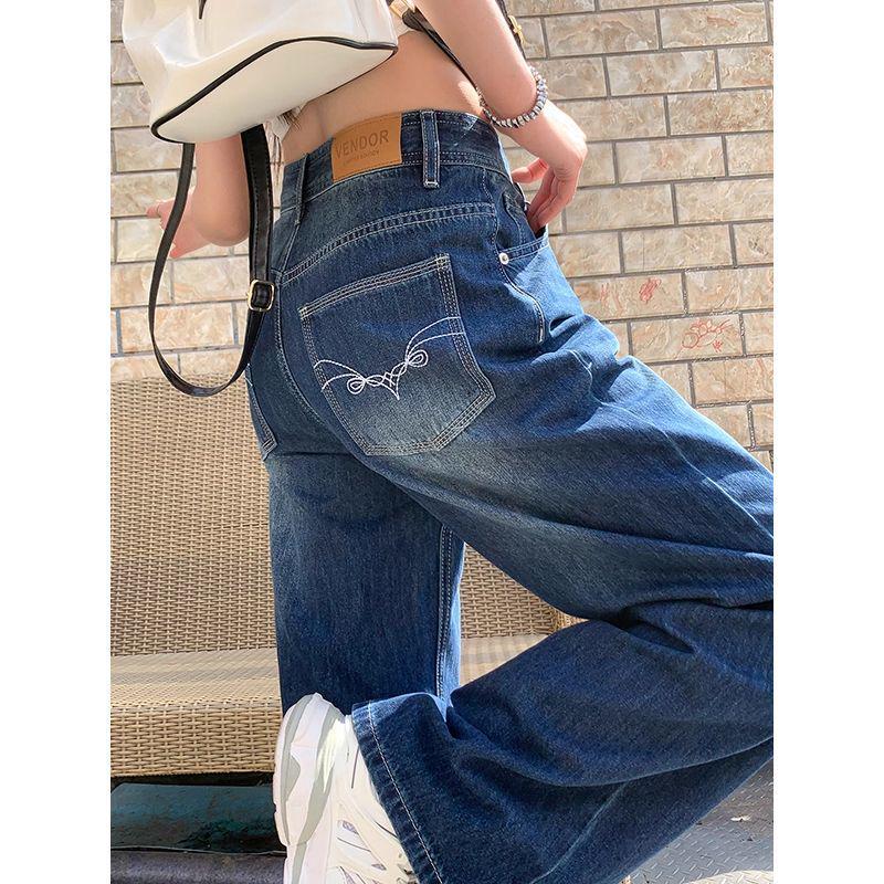 Women's Retro Dark Blue Embroidered Wide-Leg High-Waisted Jeans, 2025 Autumn Collection, Loose Slimming Floor-Length Trousers