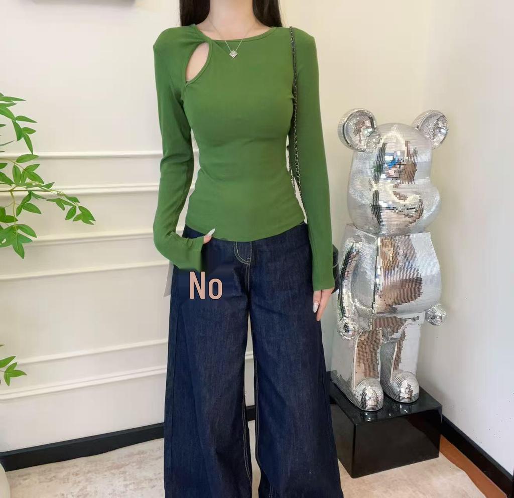 Women's Slimming White Long Sleeve T-Shirt - Hollow Round Neck, Drop Shoulder, Early Spring 2025 Collection