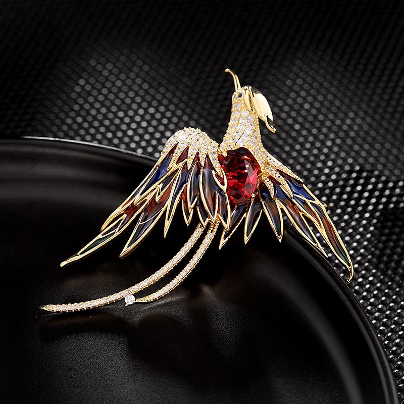 Luxury Copper Micro Inlaid Cubic Zirconia Chinese Style Phoenix Brooch Suit Clothing Accessories
