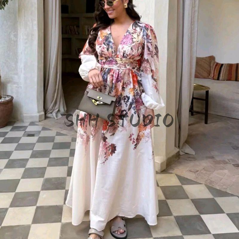 Summer New Product Women's Clothes Seaside Vacation Style Positioning Printed V-neck Long Sleeves A- line High Waist Midi Skirt Long Dress