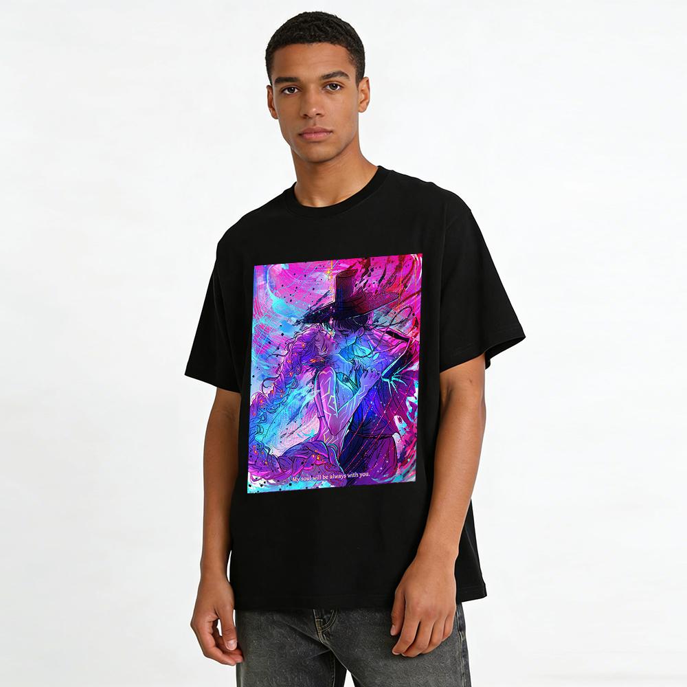 Cyberpunk Style Soul Embrace Printed Couple T-Shirts Trendy Neon Tone Loose Casual Short Sleeve Tops Pure cotton T-shirt
