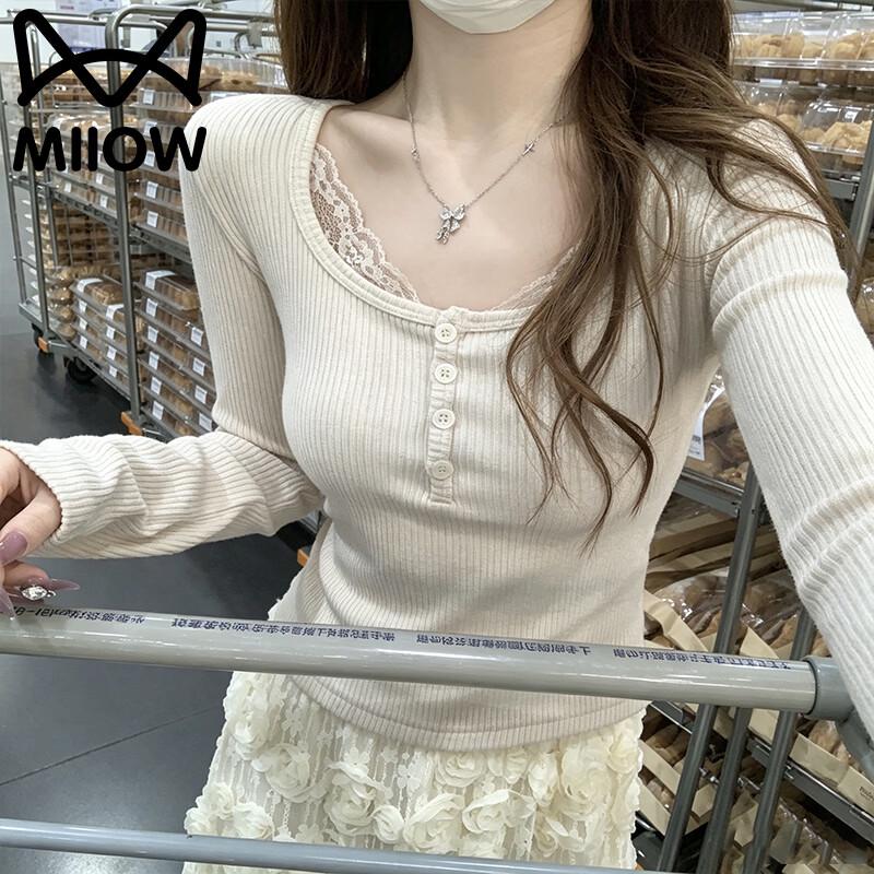 MiiOW Women's Square Neck Lace-Trimmed Long Sleeve Knit Top