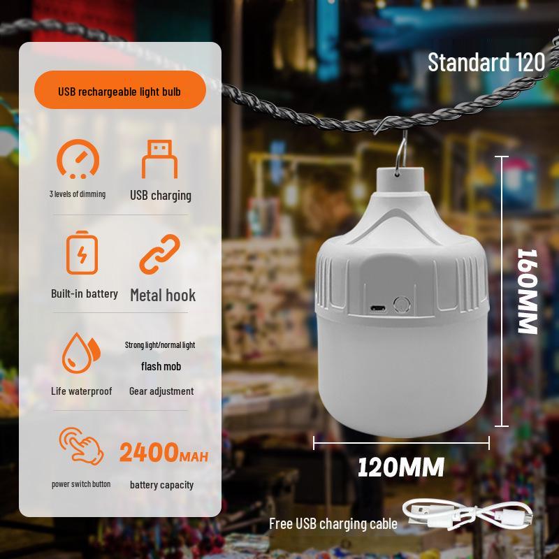 LED Emergency Light Bulb - Outdoor USB Rechargeable for Camping, Street Stalls, and Night Markets