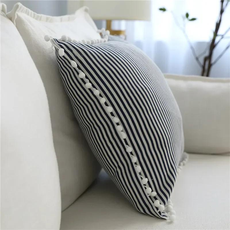 45x45cm Classic Striped Living Room Sofa Cushion Cover With White Ball Cotton Throw Pillow Case Home Decoration