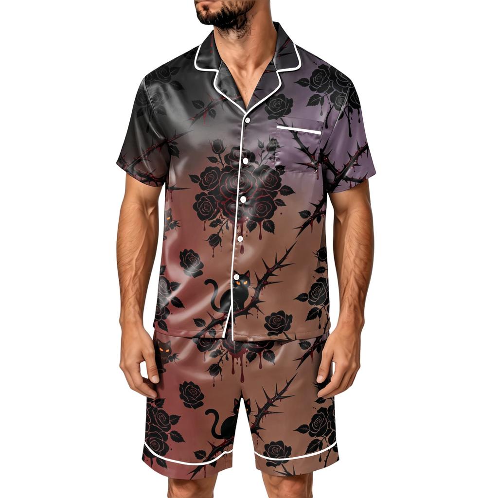 Men's Halloween Pajama Set Short Sleeve Striped Plaid Print Satin Two Piece with Pockets Loose Fit Sleepwear