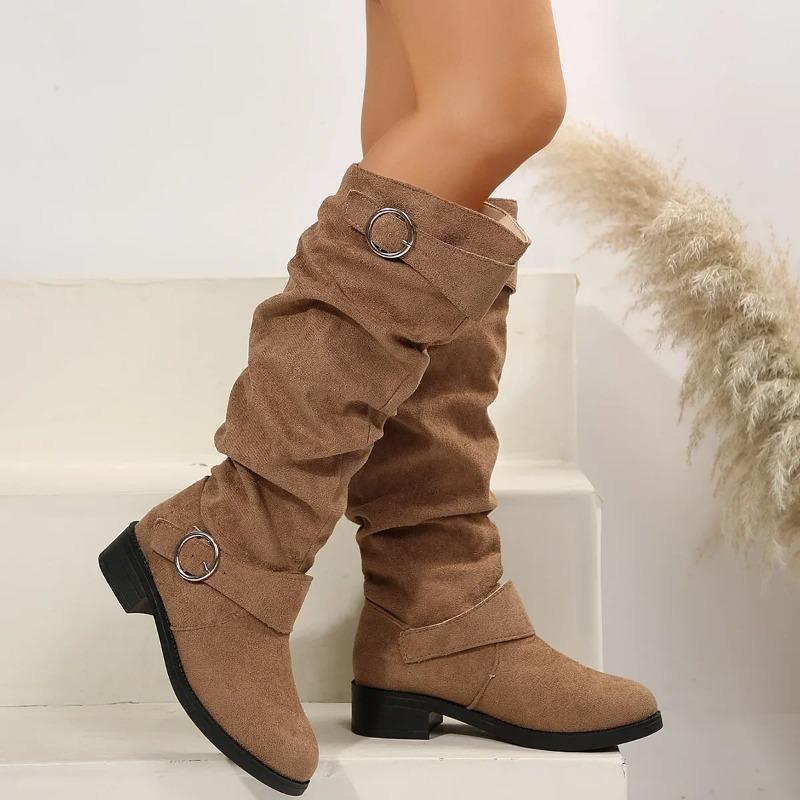 Western Style Pleated Flat Bottom Booties Women's Autumn Winter Thick Heel Long Boots Leather Belt Buckle Cotton Lined Ankle Boo