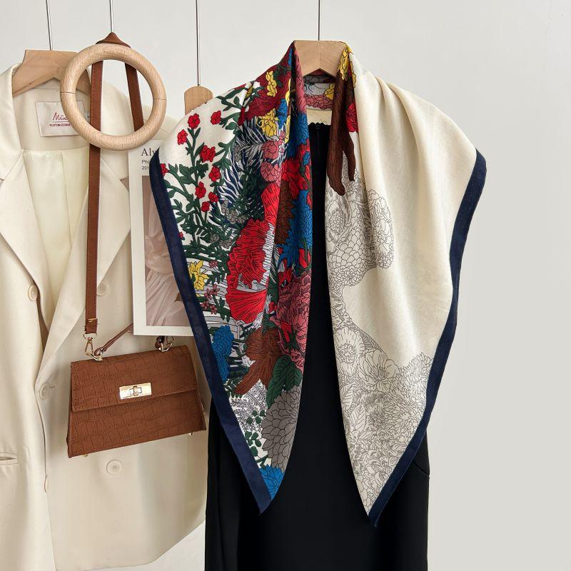 Autumn And Winter White Flower Print Fresh And Elegant 90 Square Scarf Herringbone Shawl Soft Skin-Friendly Warm Scarf