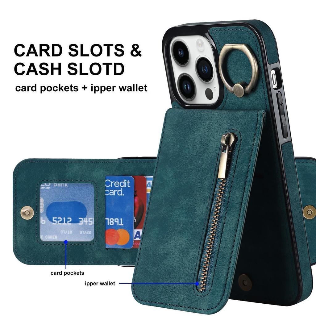 Plånbok Korthållare Flip 360° Ring Kickstand Dragkedja Läderfodral för iPhone 15 14 13 12 11 Pro Max XS MAX /Samsung S23 S22 S21 Ultra Plus A13 A14 A53