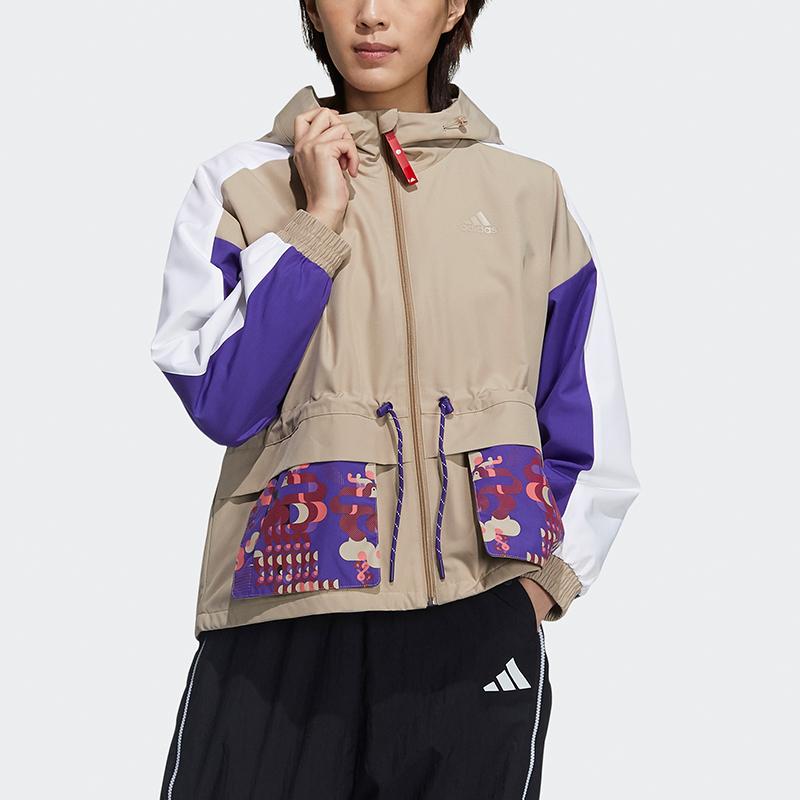 Adidas CNY Series New Year Patchwork Print Sport Hooded Jacket Women Outerwear Khaki-Brown GP0611