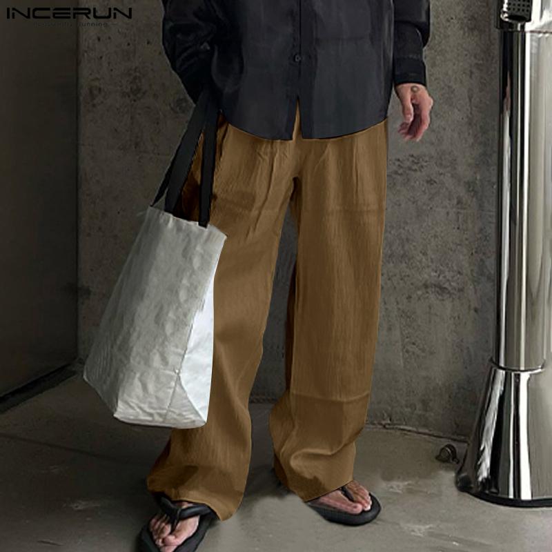 INCERUN Men Spring Zipper Up High Waist Texture Trousers Casual Button Straight Pants