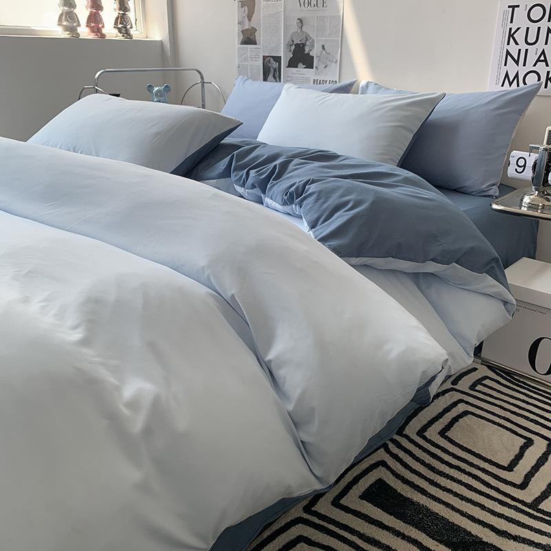 Solid-color Japanese Pure Cotton Four-piece Bed Cover Set with Double-sided Washed Cotton Bed Sheets and Quilt Cover