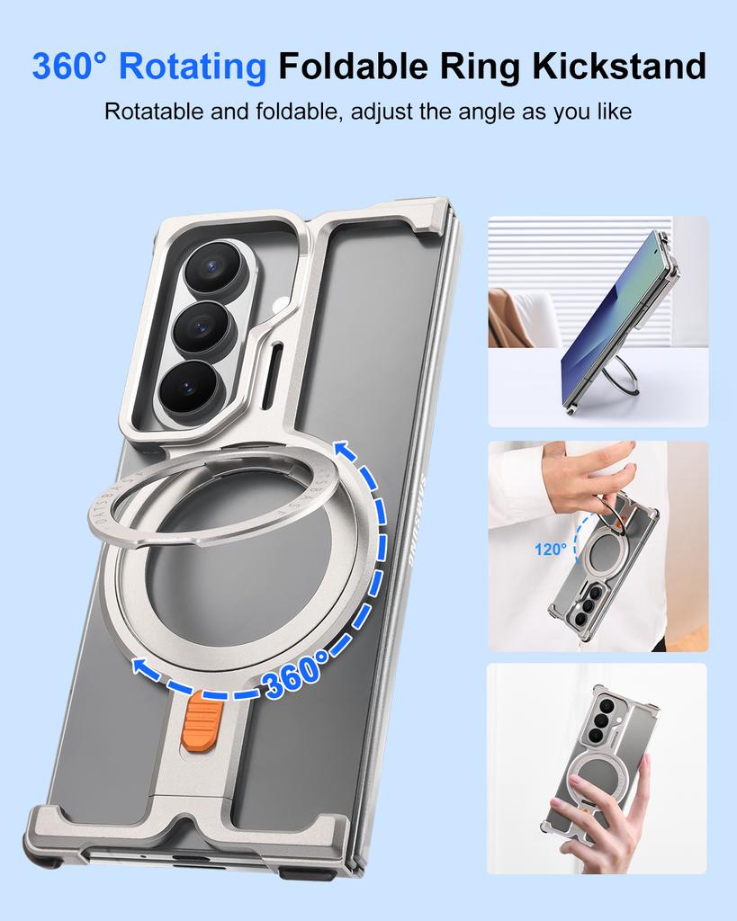 Oatsbasf Magnetic Metal Phone Case for Samsung Galaxy Z Fold 7 with Ring Stand 360°Rotatable Ultra-thin Frameless Shockproof