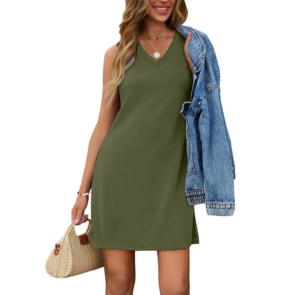 Ärmelloses V-Ausschnitt-Kleid für Damen, lässiges lockeres Tanktop-Kleid mit seitlichem Schlitz am Saum, leichte Sommerkleidung