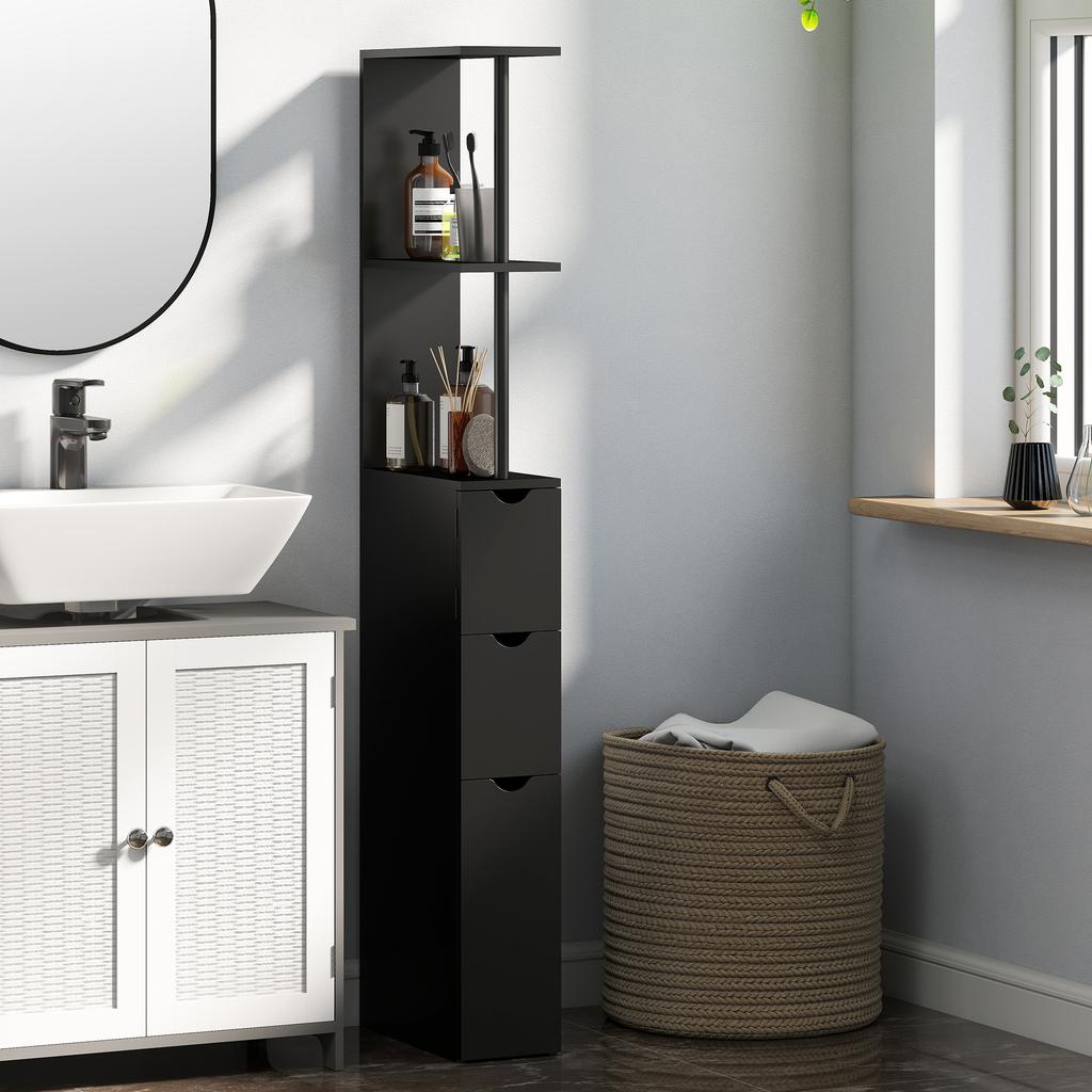Bathroom Column Cabinet with Drawers and Open Shelves, 15 X 33 X 136.8 Cm, Black