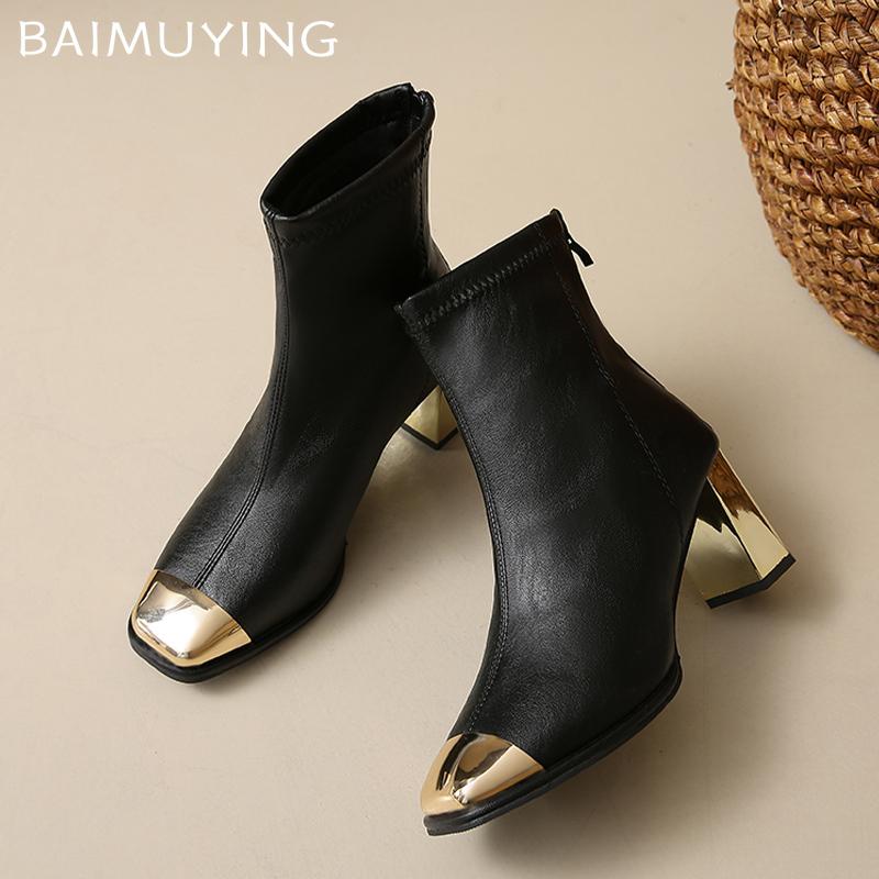Ankle Boots Women Winter Shoes Leather Square Toe Elegant High Heels Shoes 2025 Trend Winter Chunky Pumps Goth Botas De Mujer