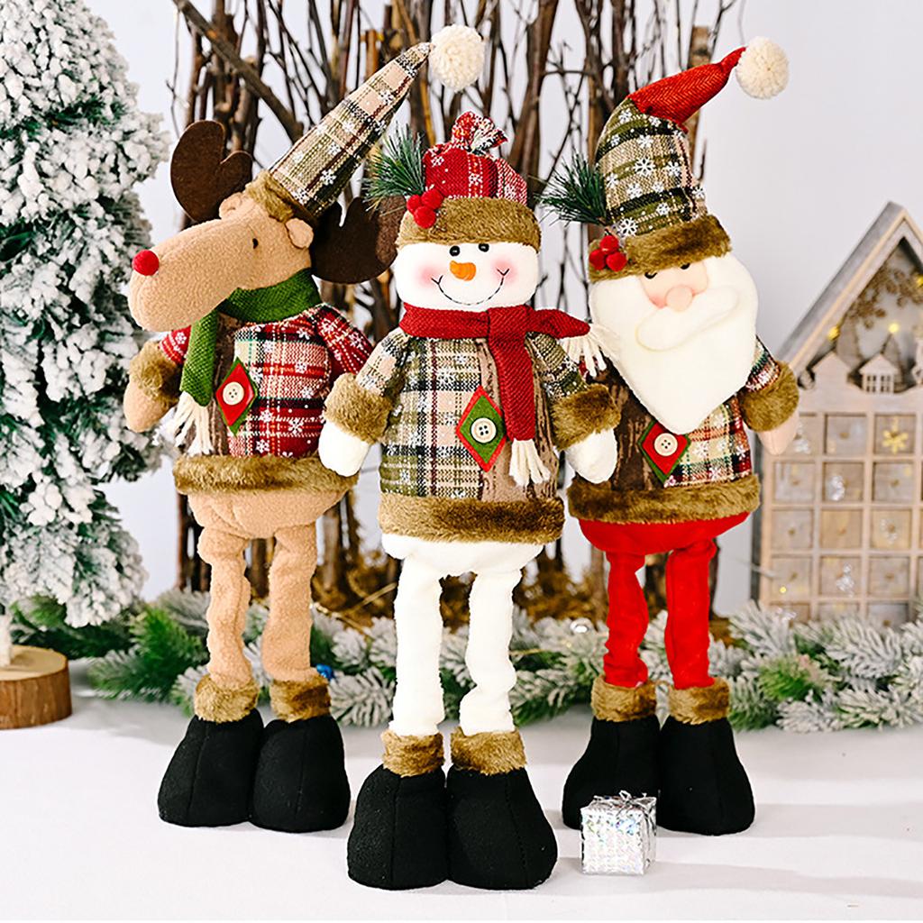 Christmas Retractable Doll Ornament Elk Snowflake Plaid Lattice Cloth Fabric Retractable Doll Window Decoration