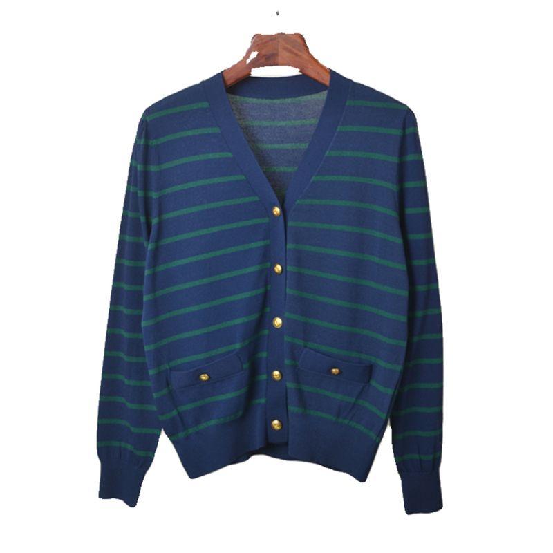 Hong Kong Style Vintage Stripe Knitwear V Neck Cardigan Long Sleeves Female 2024 New Arrival Metal Button Fashionable All-Matching Jacket