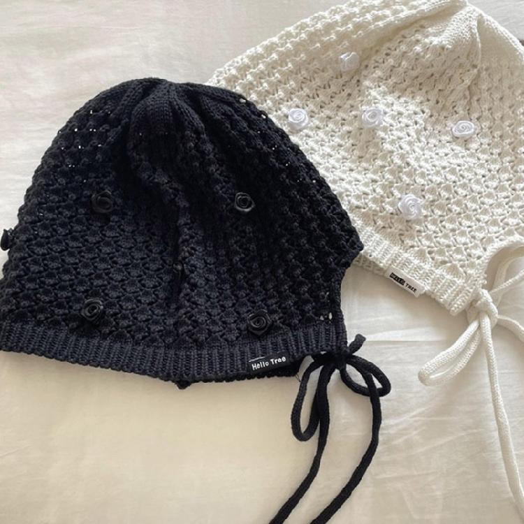 Popular Rose Flower Beanies Hat for Female Pullover Skull Hat Elegant Girl Knitting Hat Breathable Hollowed Slouch Hat