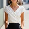 European and American Temperament Elegant White V-neck Short-sleeved Slim-fitting Bag-sleeved Women's Top
