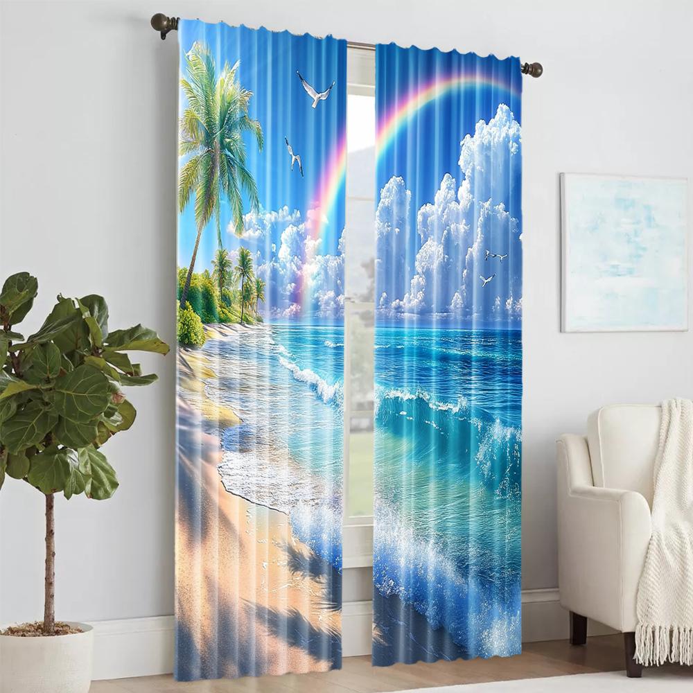 2 pcs   versatile polyester transparent curtains for home decoration Tropical Beach Palm Tree for use in bedrooms and living