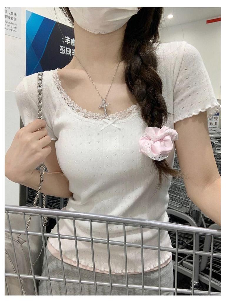 White Lace Slimming Women's Summer Short Sleeve Top