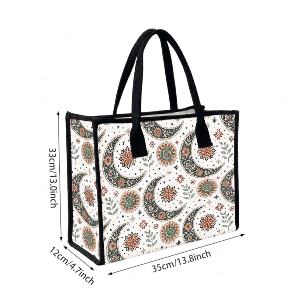 Boho Floral Moon Canvas Tote Bag Casual Daily Large Capacity Reusable Handbag for Shopping Travel