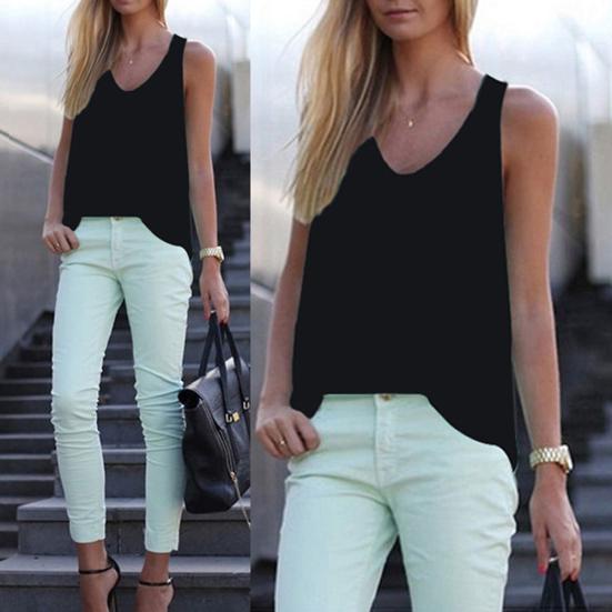 Solid Color Round Neck Sleeveless Chiffon Blouse Summer Women Vest Tank Top