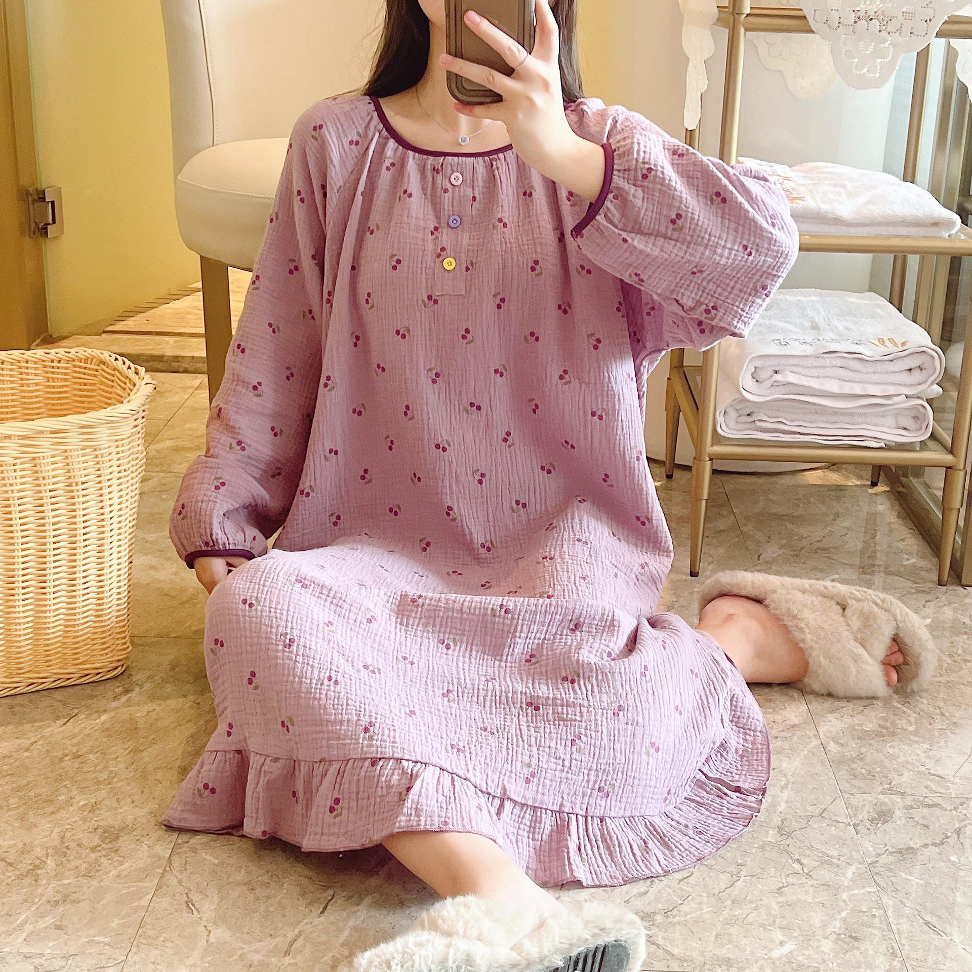 

Женская ночная сорочка из двухслойной хлопковой марли - Мягкая, с принтом, с длинным рукавом, средней длины, подходит для ношения весной и осенью One Size