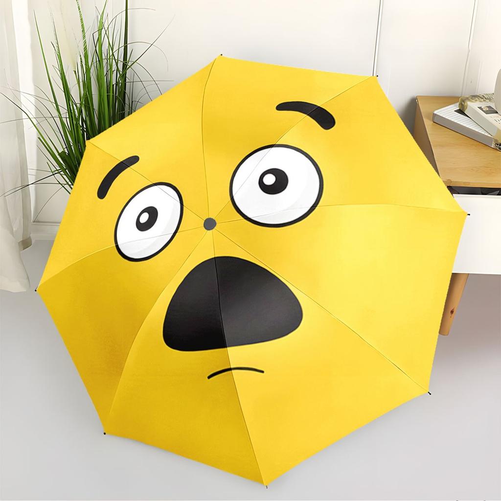 Foldable Yellow Umbrella with Surprised Cartoon Face - 8-Rib Automatic Open Compact Travel Umbrella, Portable Lightweight Desi