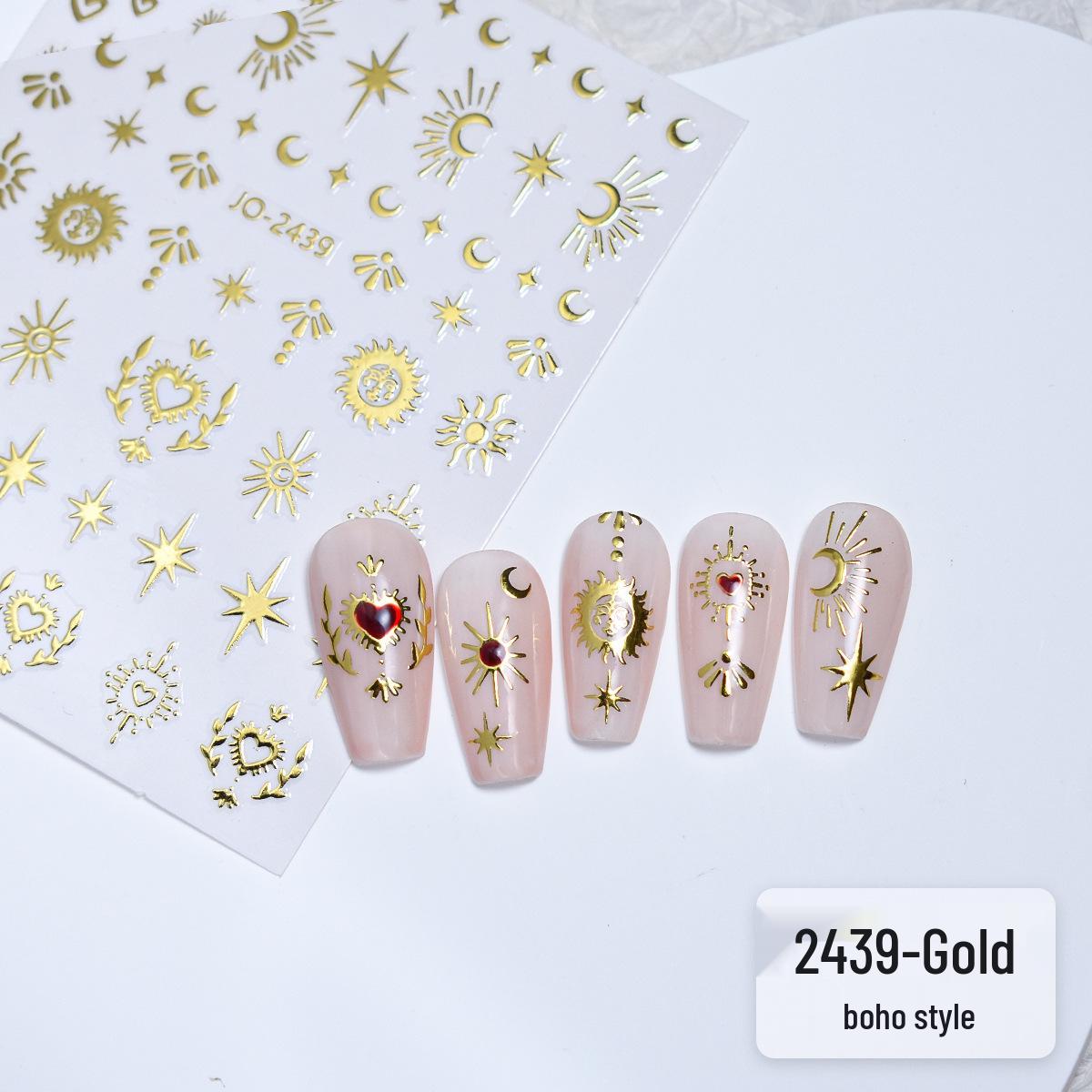 Metallic Star & Moon Nail Art Stickers (Gold & Silver) - Hollow Heart, Moon, Four-Pointed Star Design