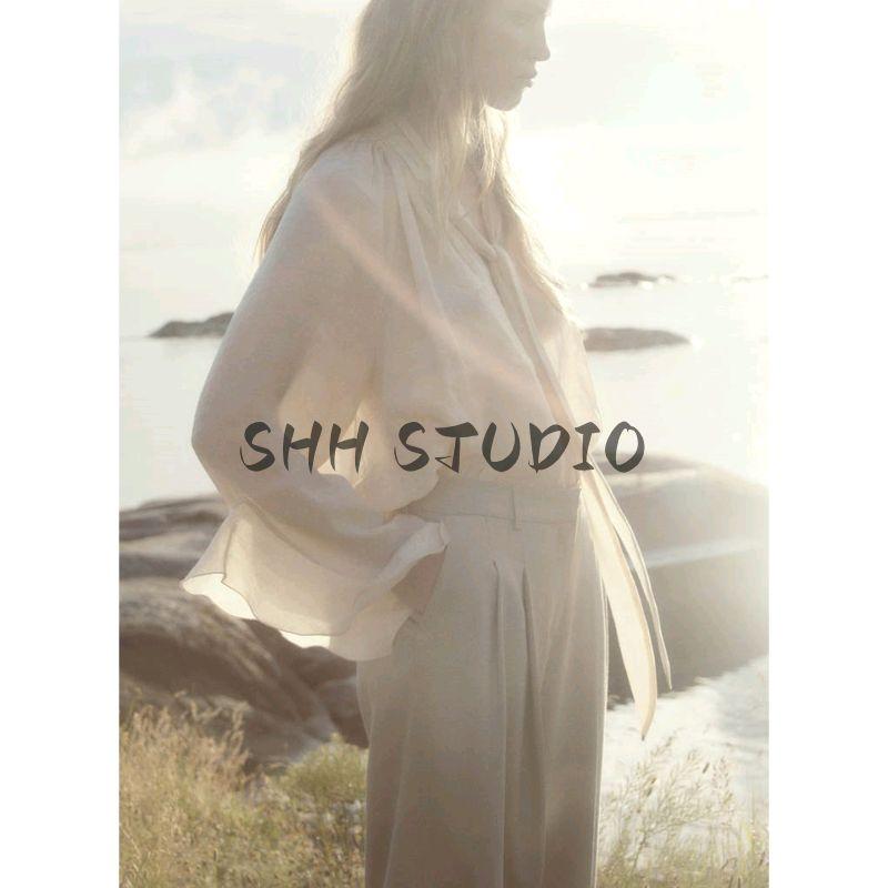 Summer New Product Women's Clothes Gathers Stand Collar Long Sleeves Fashion Casual Neckline Shoelace Sheer Top 1259011