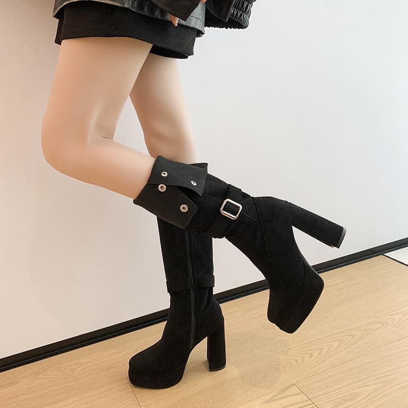 High-heeled boots 2025 autumn and winter new small waterproof table suede thick-heeled fashion boots women's thin Martin boots
