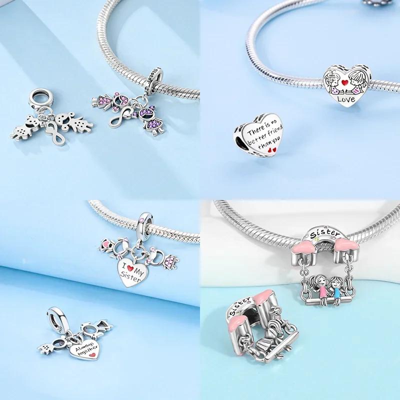 925 Silver Sisters On Swing Heart Charm Beads DIY Bracelet Fine Jewelry Gift for Women Sister Forever