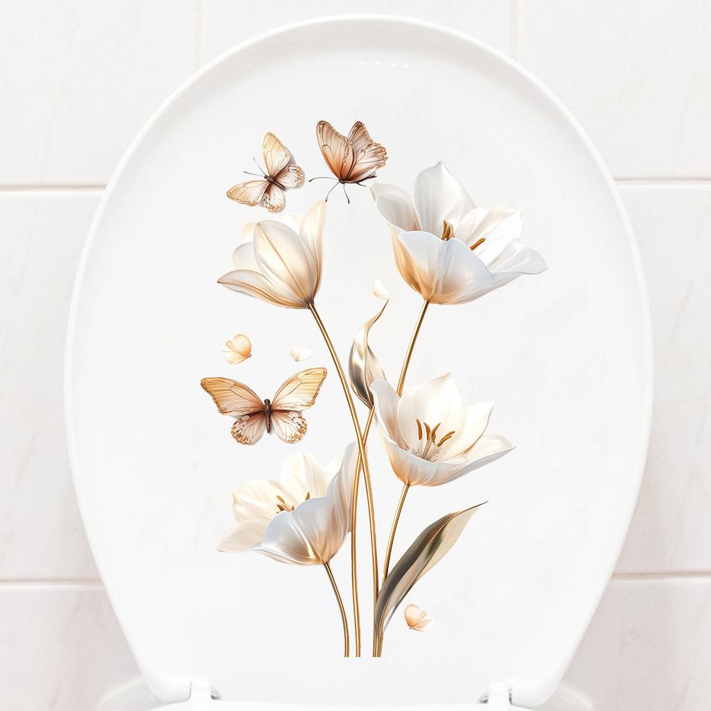 3D Realistic Flower & Butterfly Toilet and Window Stickers, Lifelike Waterproof Removable Bathroom Wall Decals