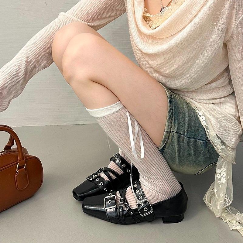 Square Toe Shallow Mouth Block Heel Single Shoes Fashion Studded Metal Buckle Soft Sole Low Top Shoes