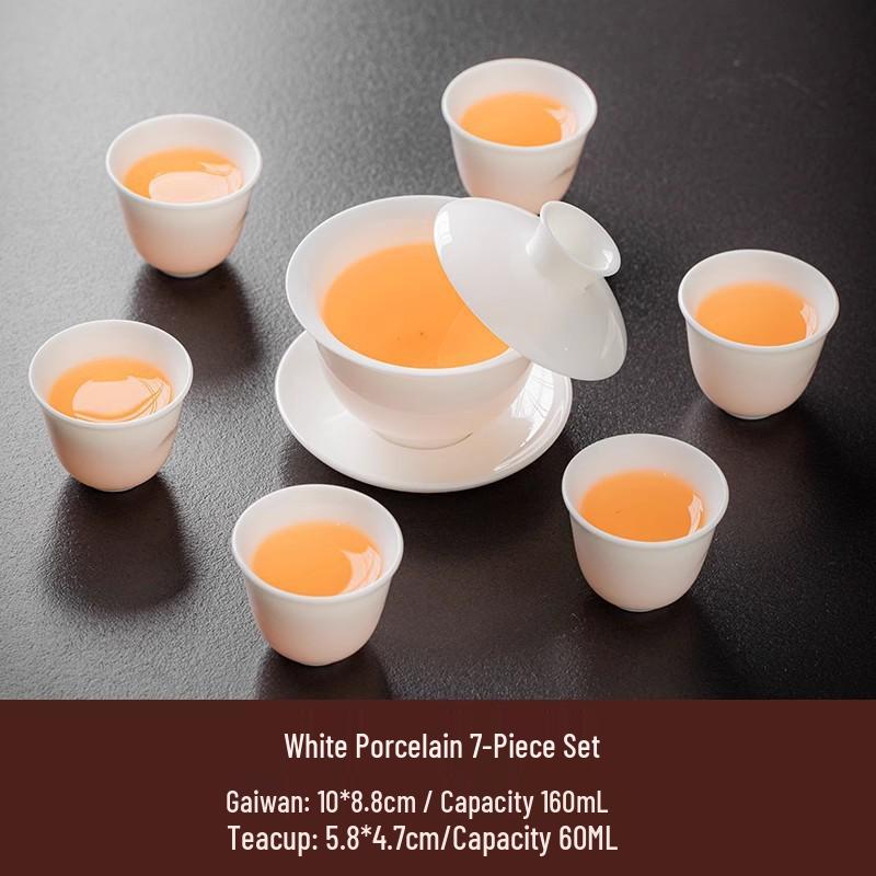 High-Grade Mutton Fat Jade Rotating Lid Bowl and White Porcelain Teapot Set